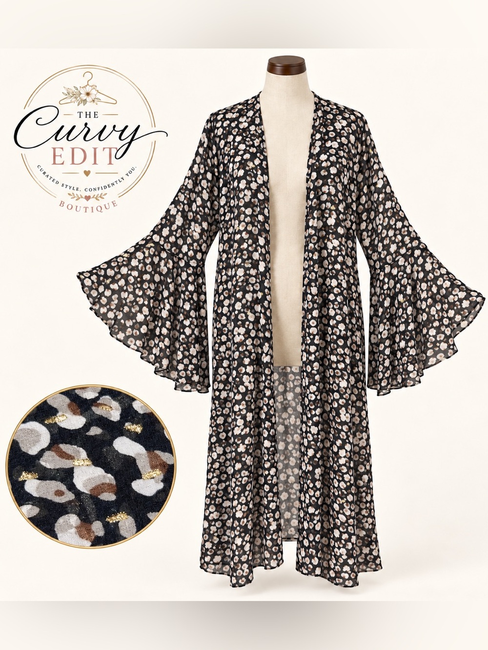 Umgee 2XL Animal Print Metallic Gold Maxi Kimono Bell Sleeves Boho Duster